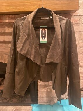 bagatelle Olive Brown Draped Open-Front Leather Jacket